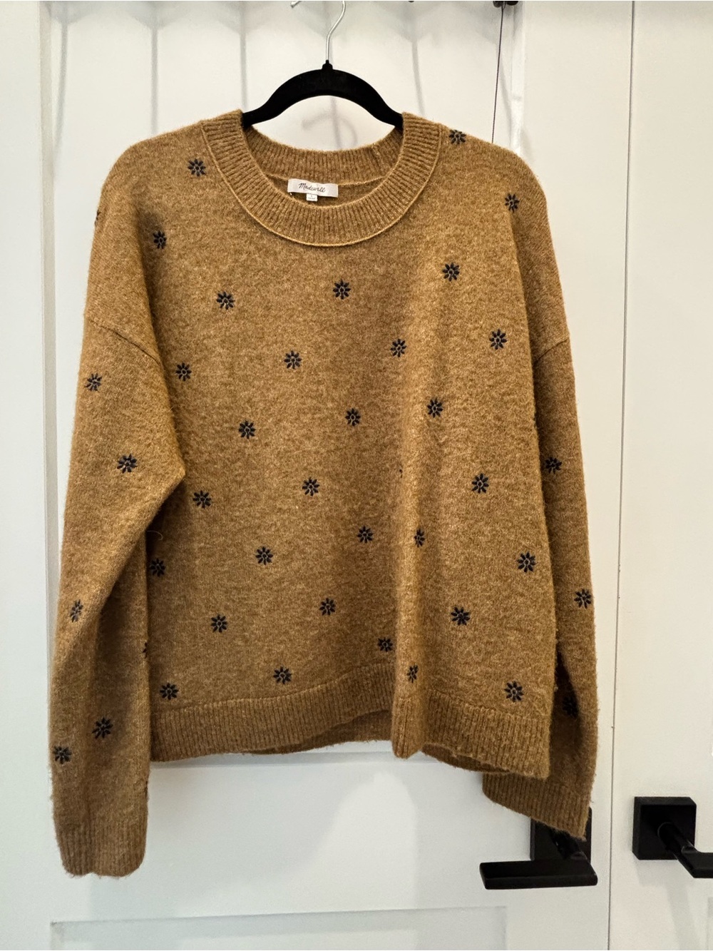 Madewell Camel Brown Crewneck Sweater with Navy Floral Embroidery